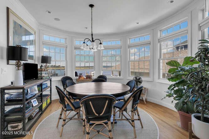 Dining room, Interior, Pendant Lights, Recessed Lighting, Wood Texture Flooring
