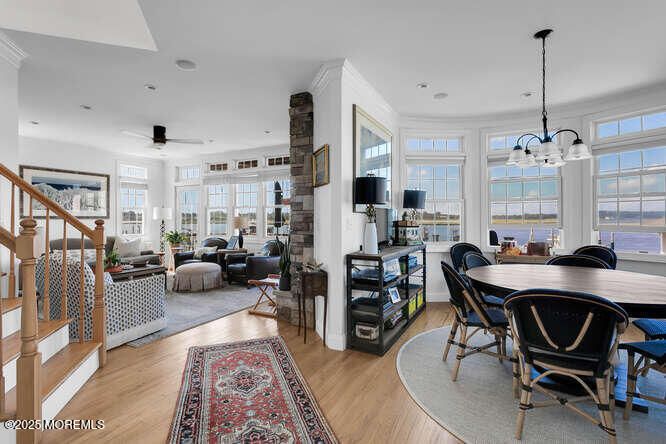 Chandelier, Dining room, Interior, Living room, Recessed Lighting, Wood Texture Flooring