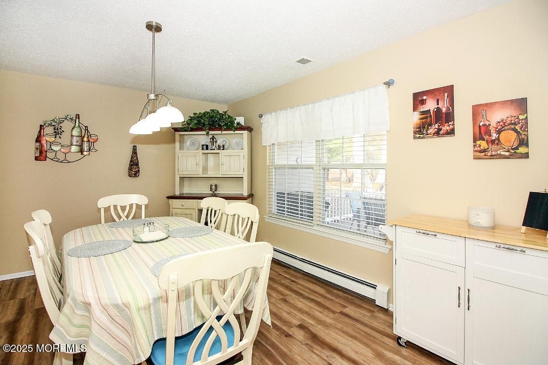 Dining room, Interior, Pendant Lights, Wood Texture Flooring
