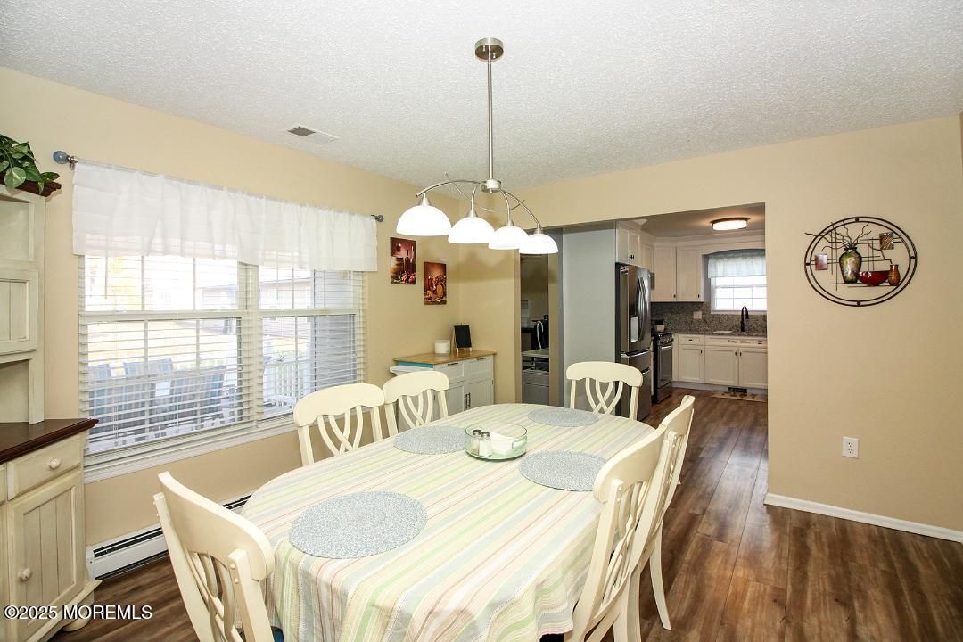 Dining room, Interior, Kitchen, Pendant Lights, Wood Texture Flooring