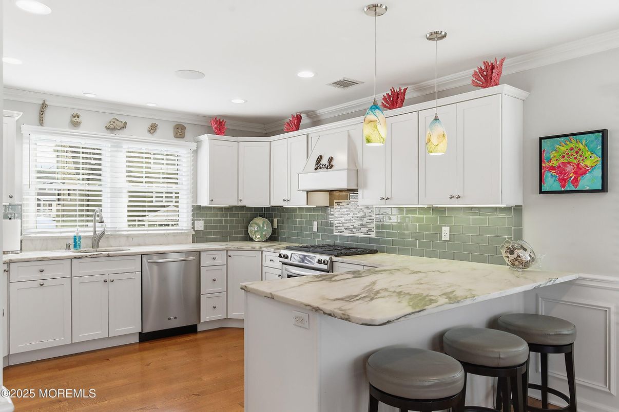 Interior, Kitchen, Pendant Lights, Recessed Lighting, Stainless Steel Appliances, Wood Texture Flooring