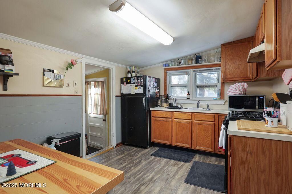 Interior, Kitchen, Tile Countertops, Wood Texture Flooring