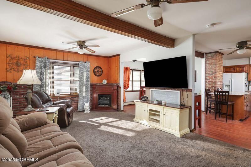 Fireplace, Interior, Living room, Stone Walls, Wood Texture Flooring