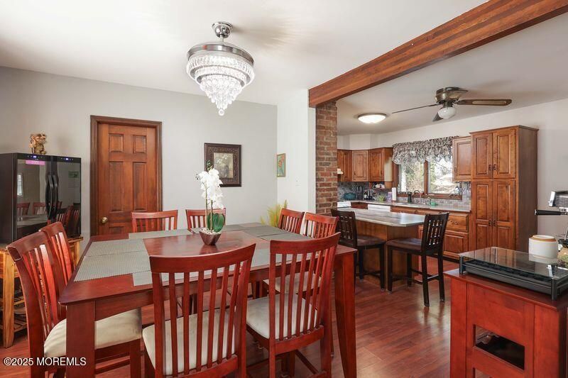Chandelier, Dining room, Interior, Kitchen, Stone Walls, Wood Texture Flooring