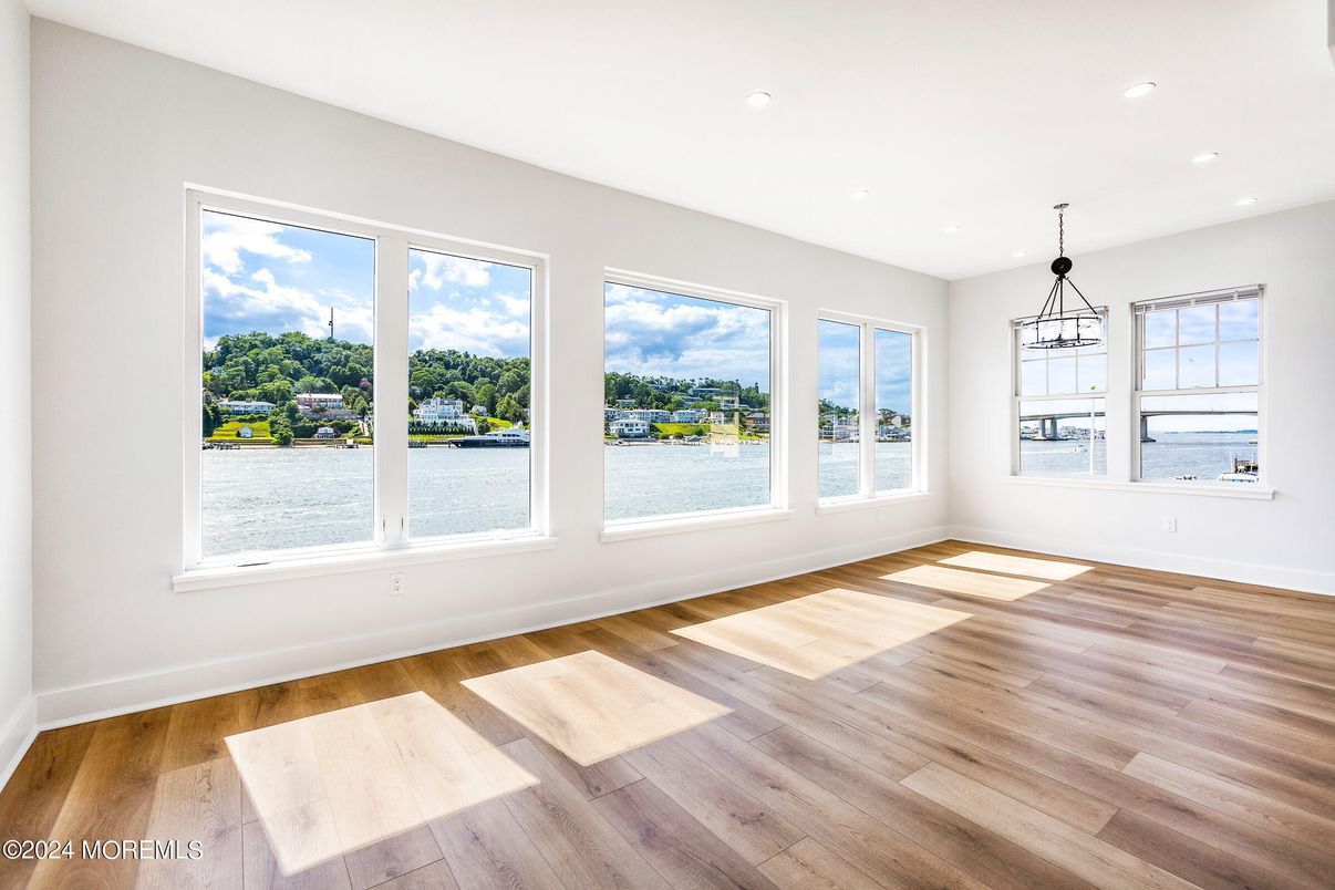 Empty room, Interior, Pendant Lights, Recessed Lighting, Water, Wood Texture Flooring