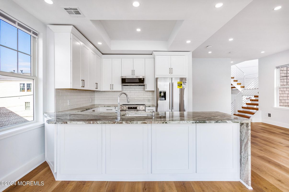 Interior, Kitchen, Recessed Lighting, Stainless Steel Appliances, Wood Texture Flooring