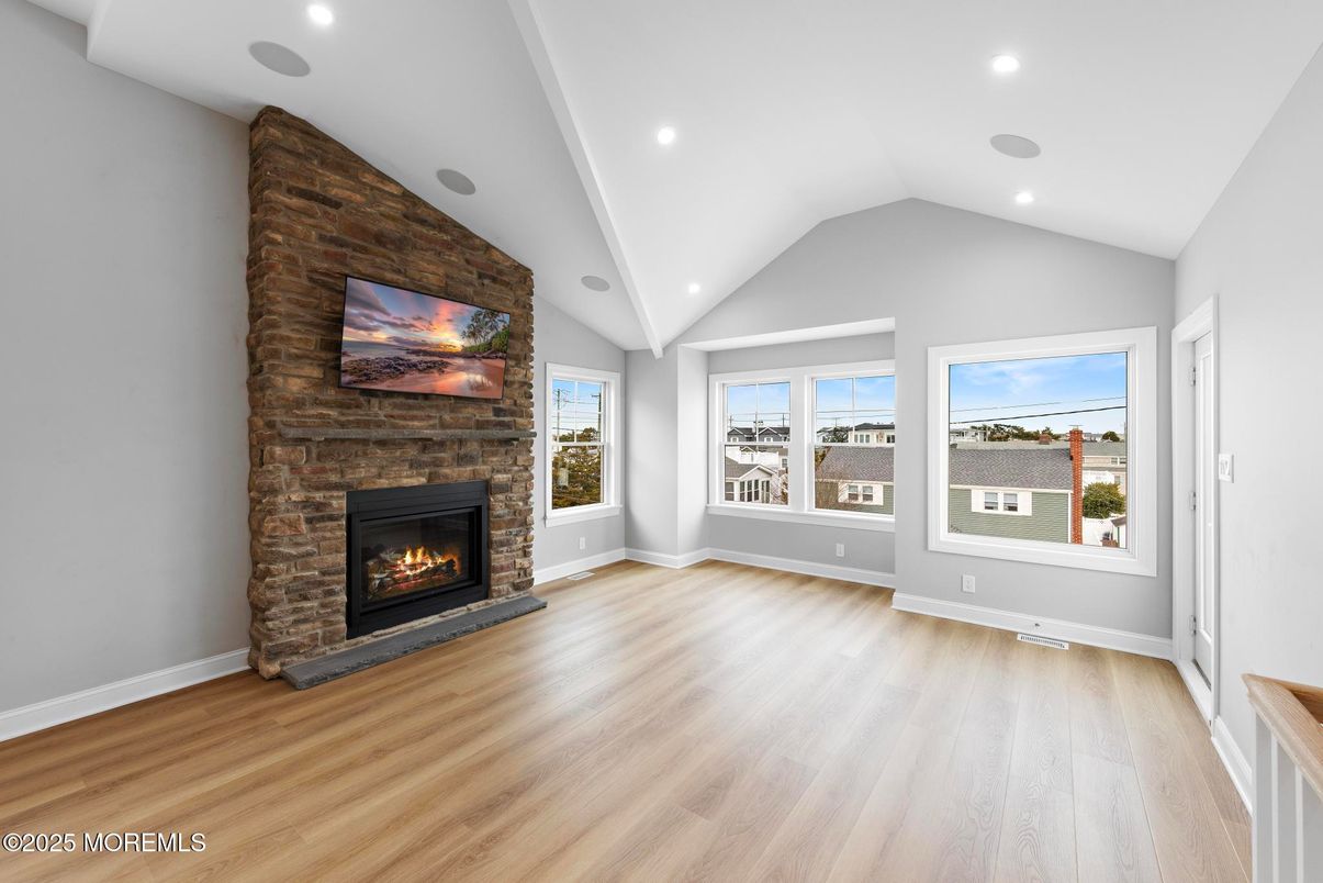 Empty room, Fireplace, Interior, Recessed Lighting, Wood Texture Flooring