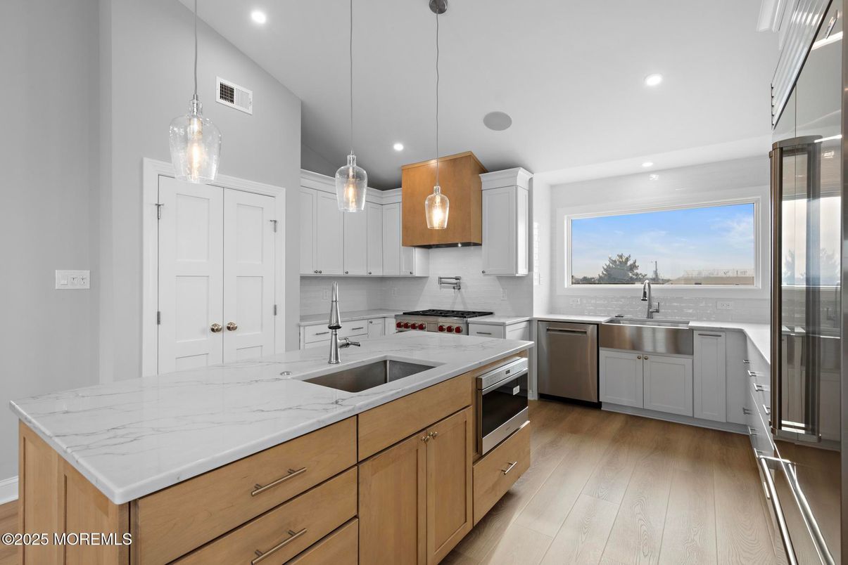 Interior, Kitchen, Pendant Lights, Recessed Lighting, Stainless Steel Appliances, Wood Texture Flooring