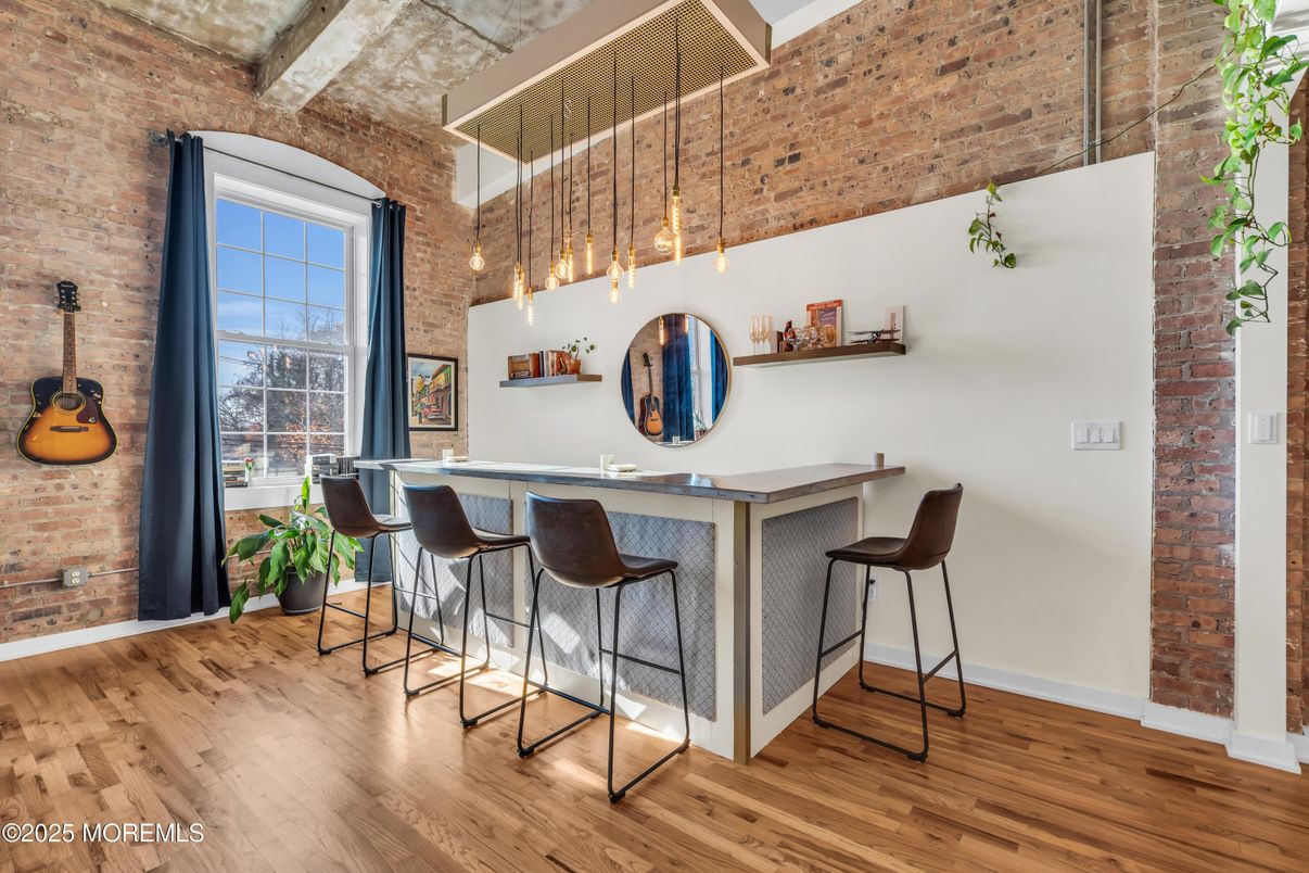Interior, Pendant Lights, Stone Walls, Wood Texture Flooring