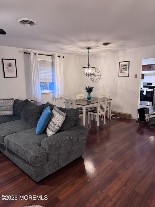 Dining room, Interior, Living room, Pendant Lights, Wood Texture Flooring