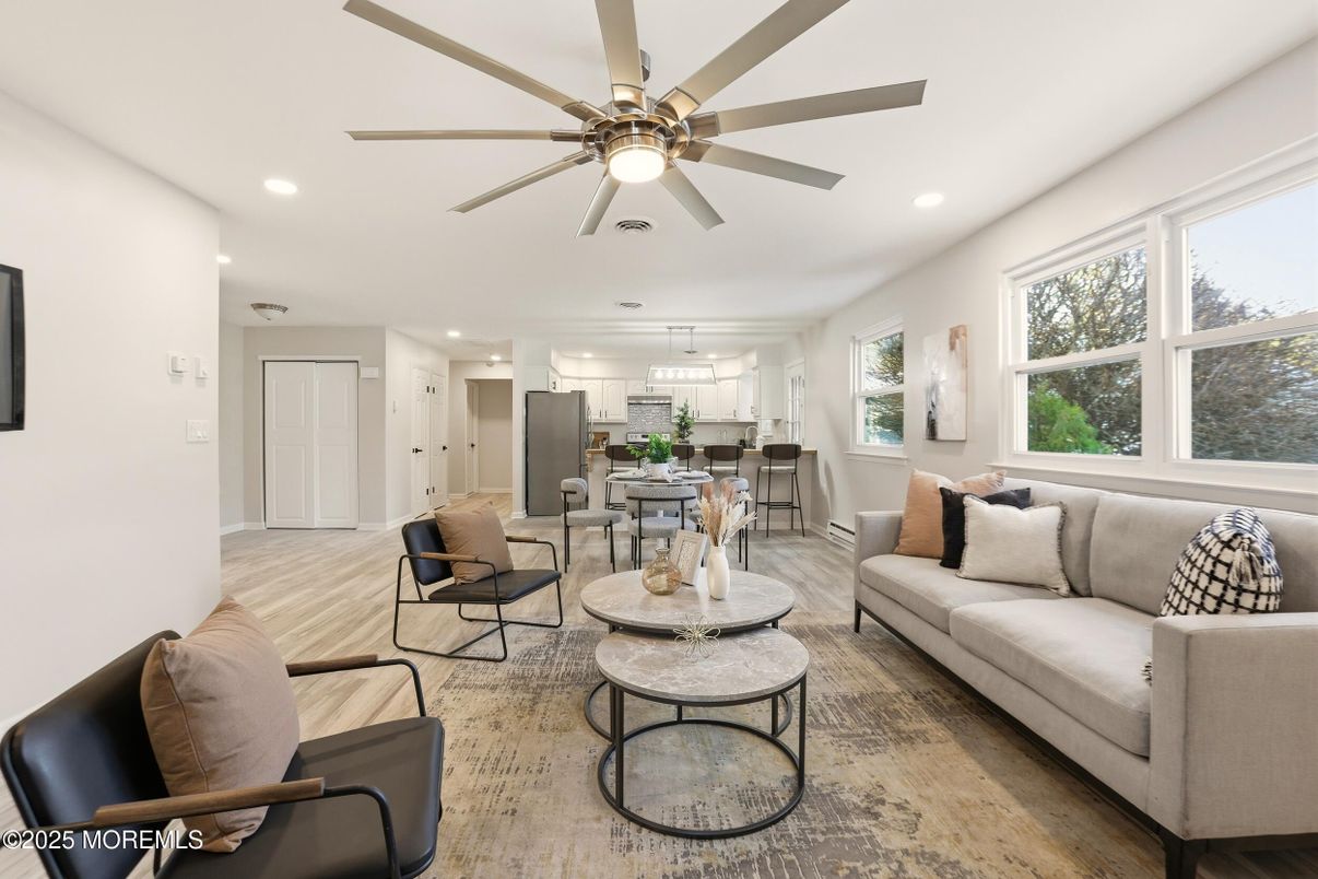 Dining room, Interior, Kitchen, Living room, Pendant Lights, Recessed Lighting, Stainless Steel Appliances, Wood Texture Flooring