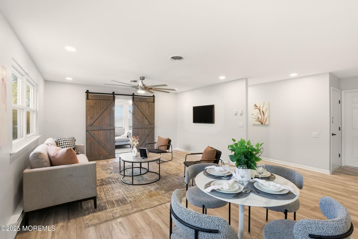 Dining room, Interior, Living room, Recessed Lighting, Wood Texture Flooring