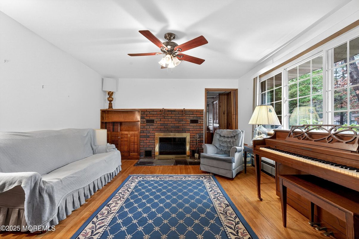 Fireplace, Interior, Piano, Stone Walls, Wood Texture Flooring