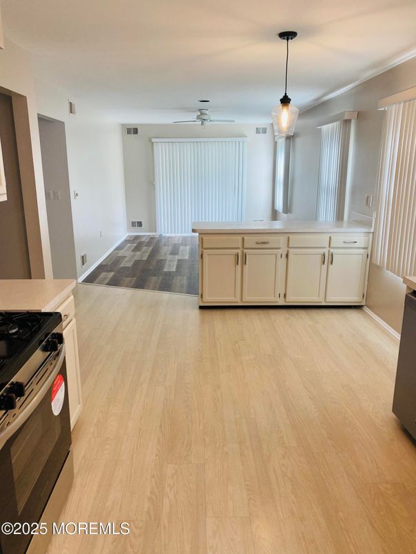 Interior, Kitchen, Pendant Lights, Wood Texture Flooring