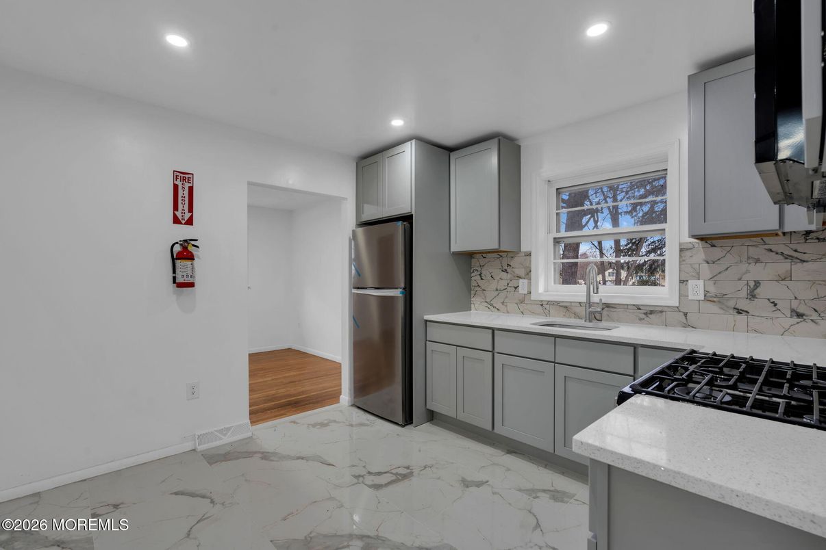 Interior, Kitchen, Marble, Recessed Lighting, Wood Texture Flooring