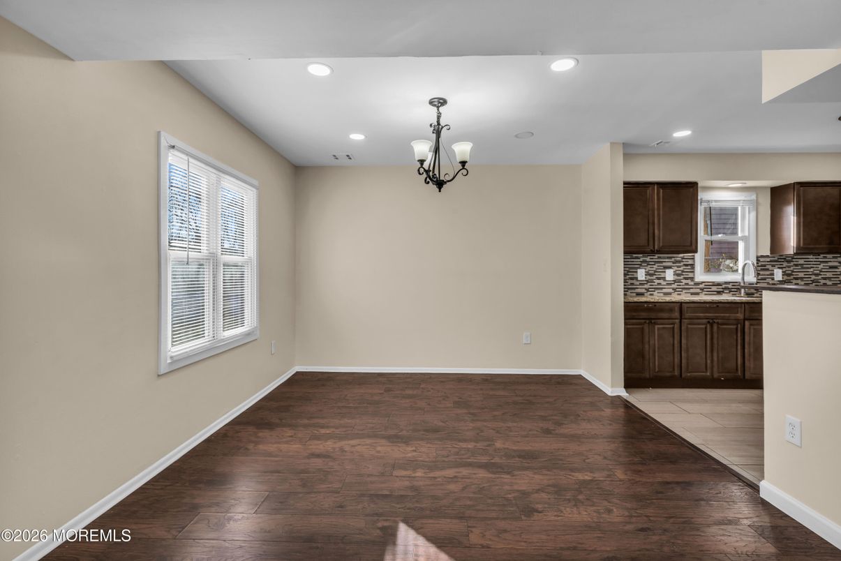 Chandelier, Empty room, Interior, Kitchen, Recessed Lighting, Wood Texture Flooring