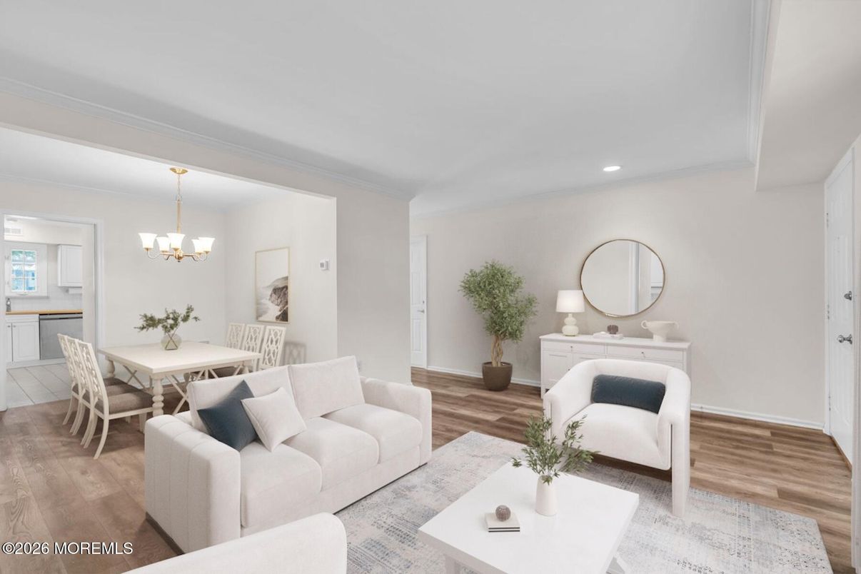 Chandelier, Dining room, Interior, Living room, Recessed Lighting, Wood Texture Flooring