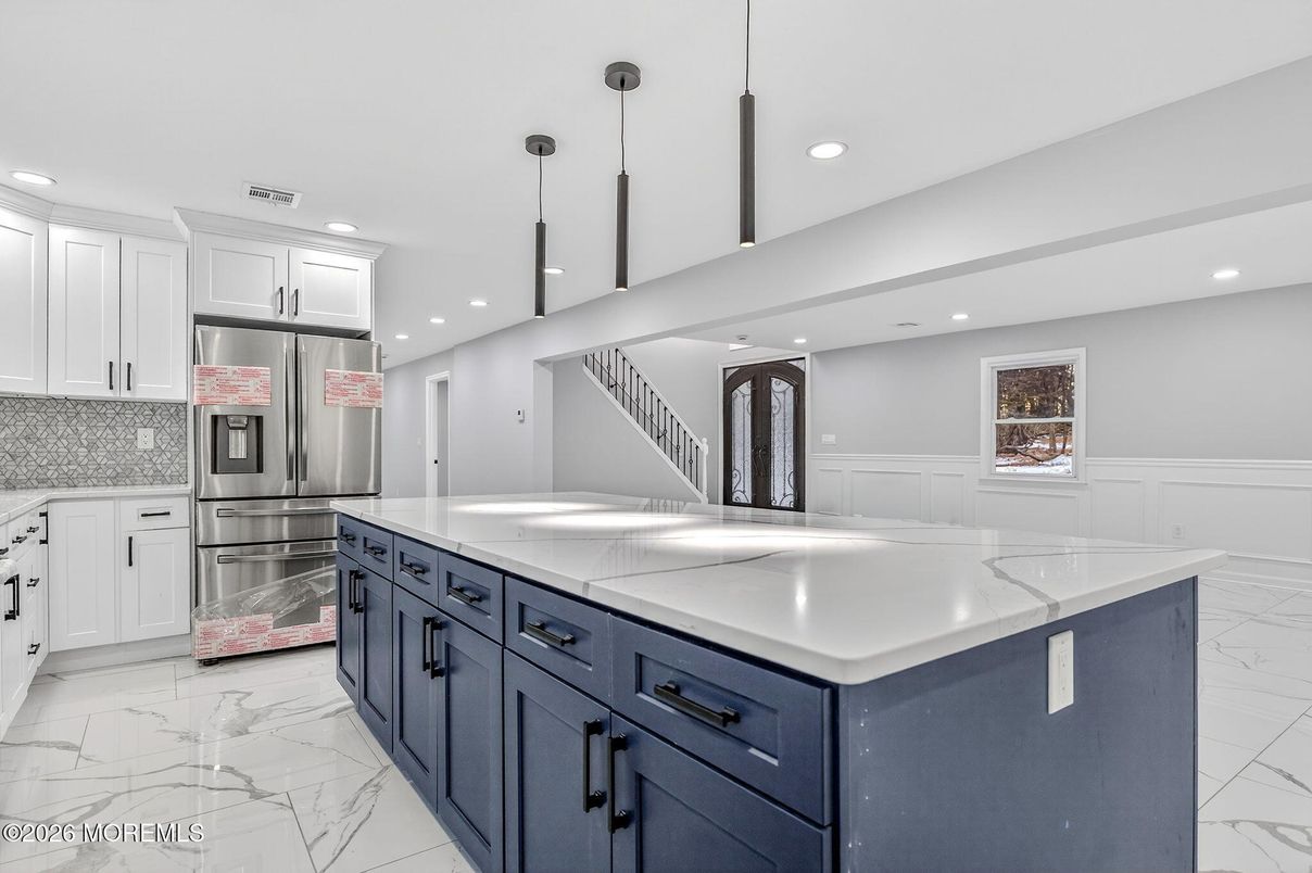 Interior, Kitchen, Marble, Pendant Lights, Recessed Lighting, Stainless Steel Appliances