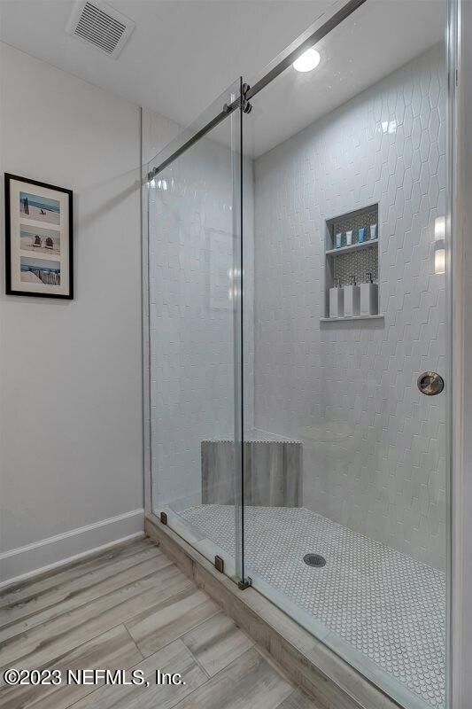 Bathroom, Glass Shower, Interior, Recessed Lighting, Wood Texture Flooring