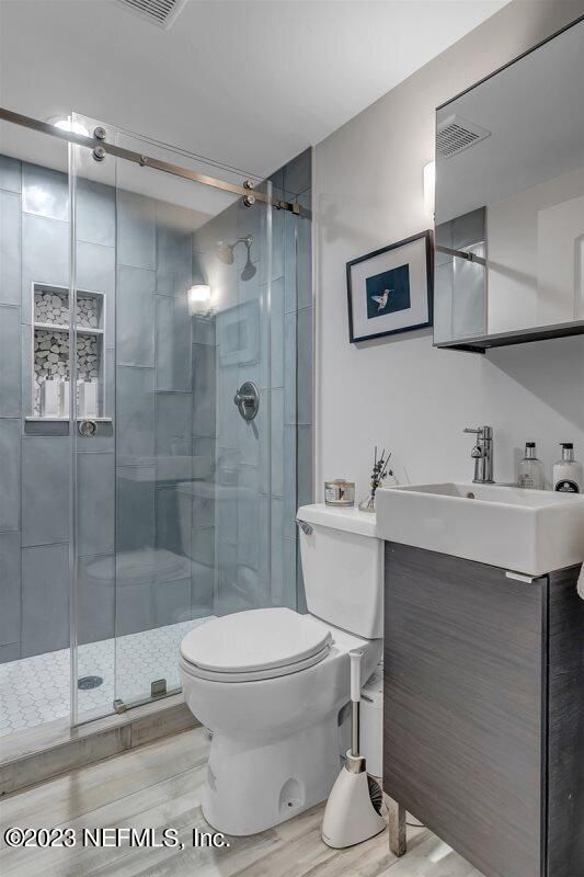 Bathroom, Glass Shower, Interior, Wood Texture Flooring