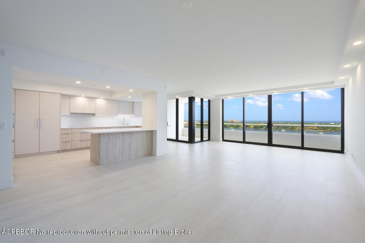 Empty room, Interior, Kitchen, Recessed Lighting, Water, Wood Texture Flooring