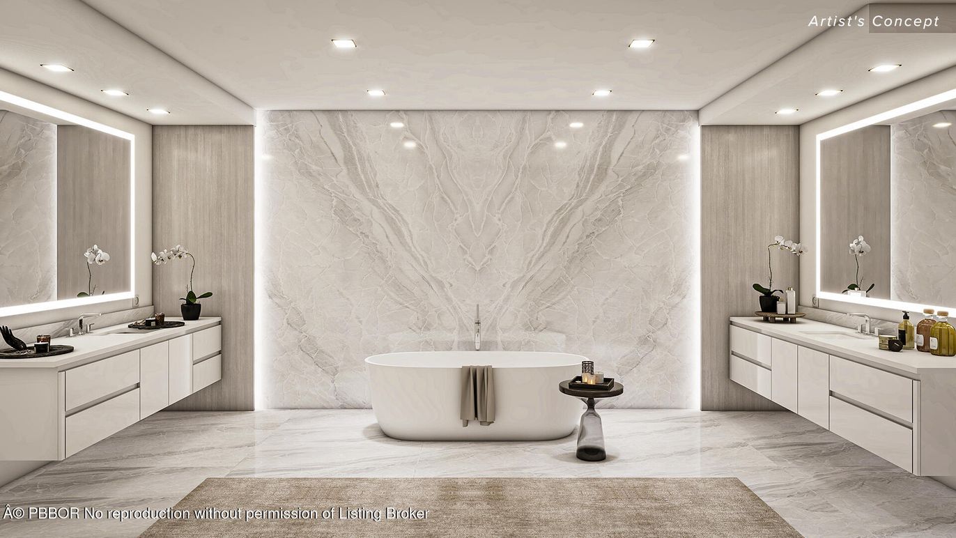Bathroom, Dual Sink Vanities, Free Standing Baths, Interior, Marble, Marble Walls, Recessed Lighting