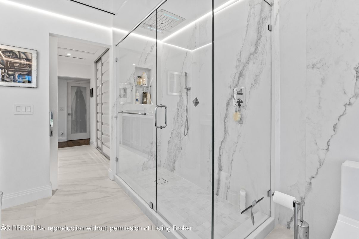 Bathroom, Glass Shower, Interior, Marble, Marble Walls, Recessed Lighting