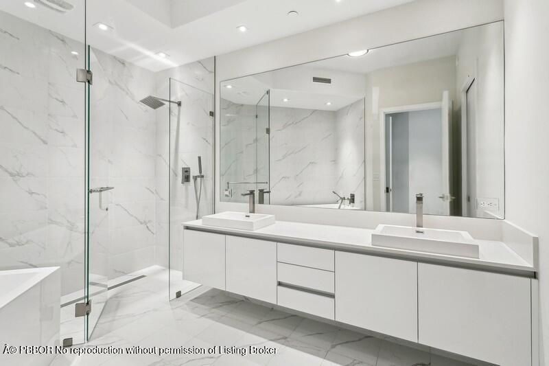 Bathroom, Dual Sink Vanities, Glass Shower, Interior, Marble, Marble Walls, Recessed Lighting