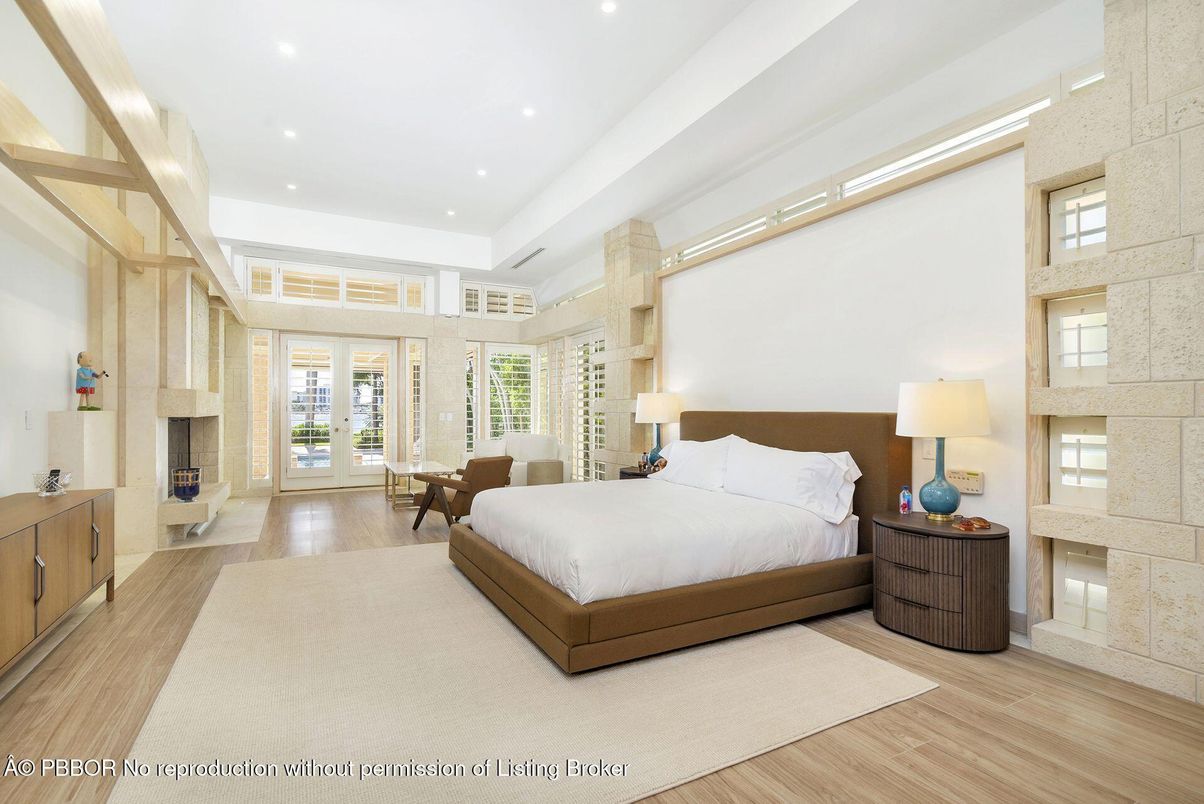 Bedroom, Fireplace, Interior, Recessed Lighting, Wood Texture Flooring
