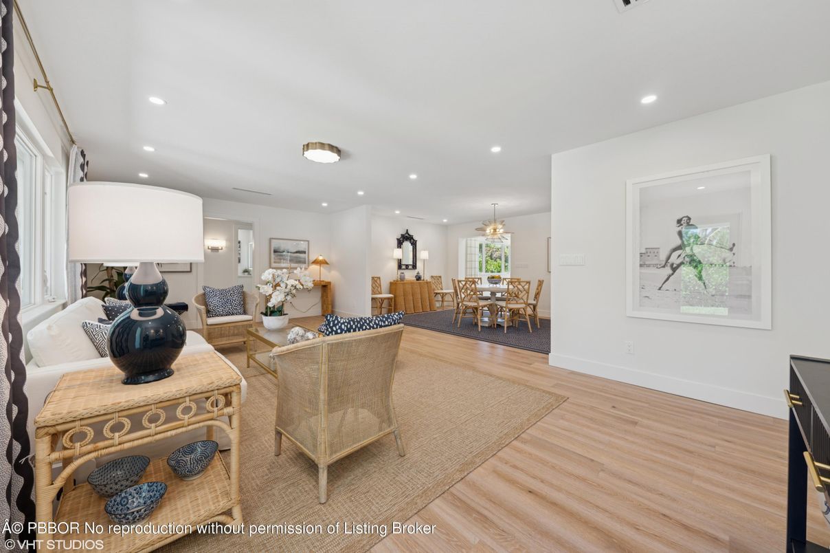 Dining room, Interior, Living room, Recessed Lighting, Wood Texture Flooring