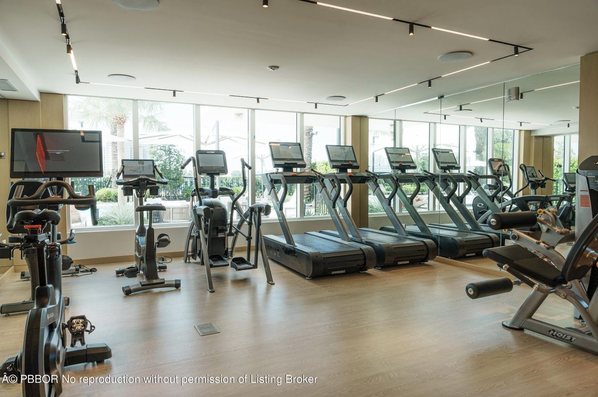Fitness Equipment, Gym, Interior, Recessed Lighting, Wood Texture Flooring