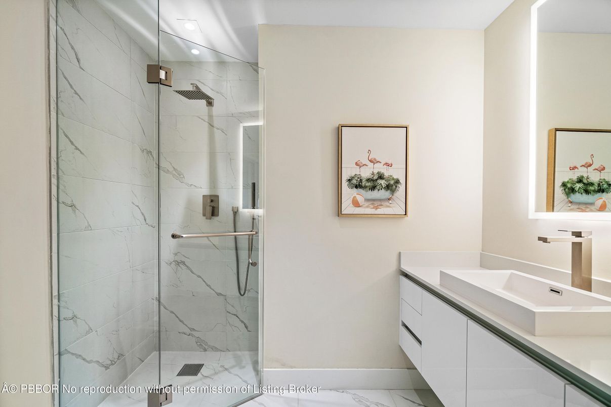 Bathroom, Glass Shower, Interior, Marble, Marble Walls, Recessed Lighting
