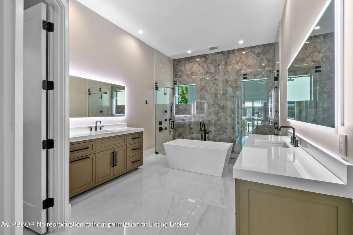 Bathroom, Dual Sink Vanities, Free Standing Baths, Glass Shower, Interior, Marble, Recessed Lighting