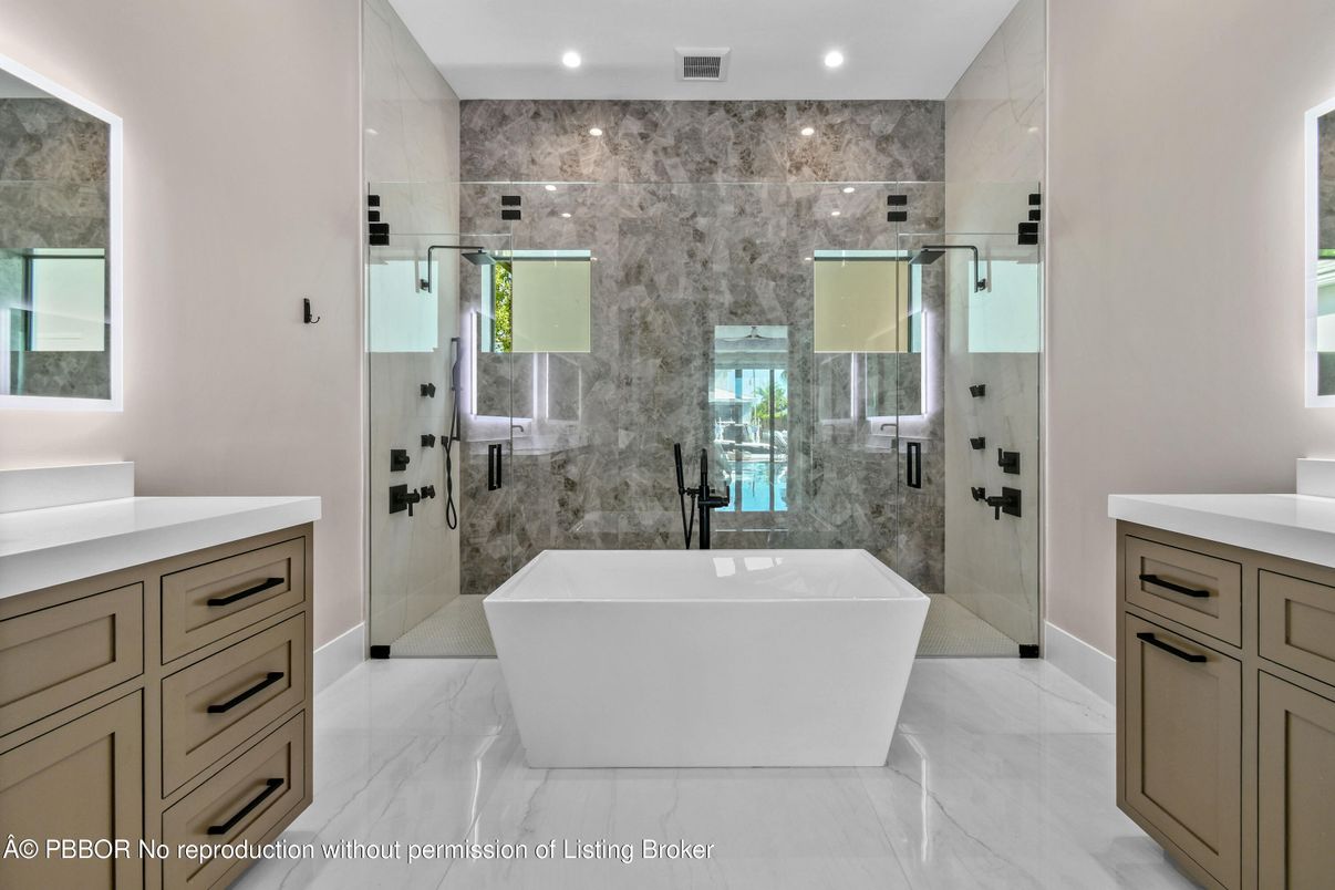 Bathroom, Free Standing Baths, Glass Shower, Interior, Marble, Marble Walls, Recessed Lighting