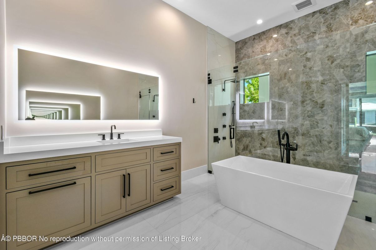 Bathroom, Dual Sink Vanities, Free Standing Baths, Glass Shower, Interior, Marble, Recessed Lighting