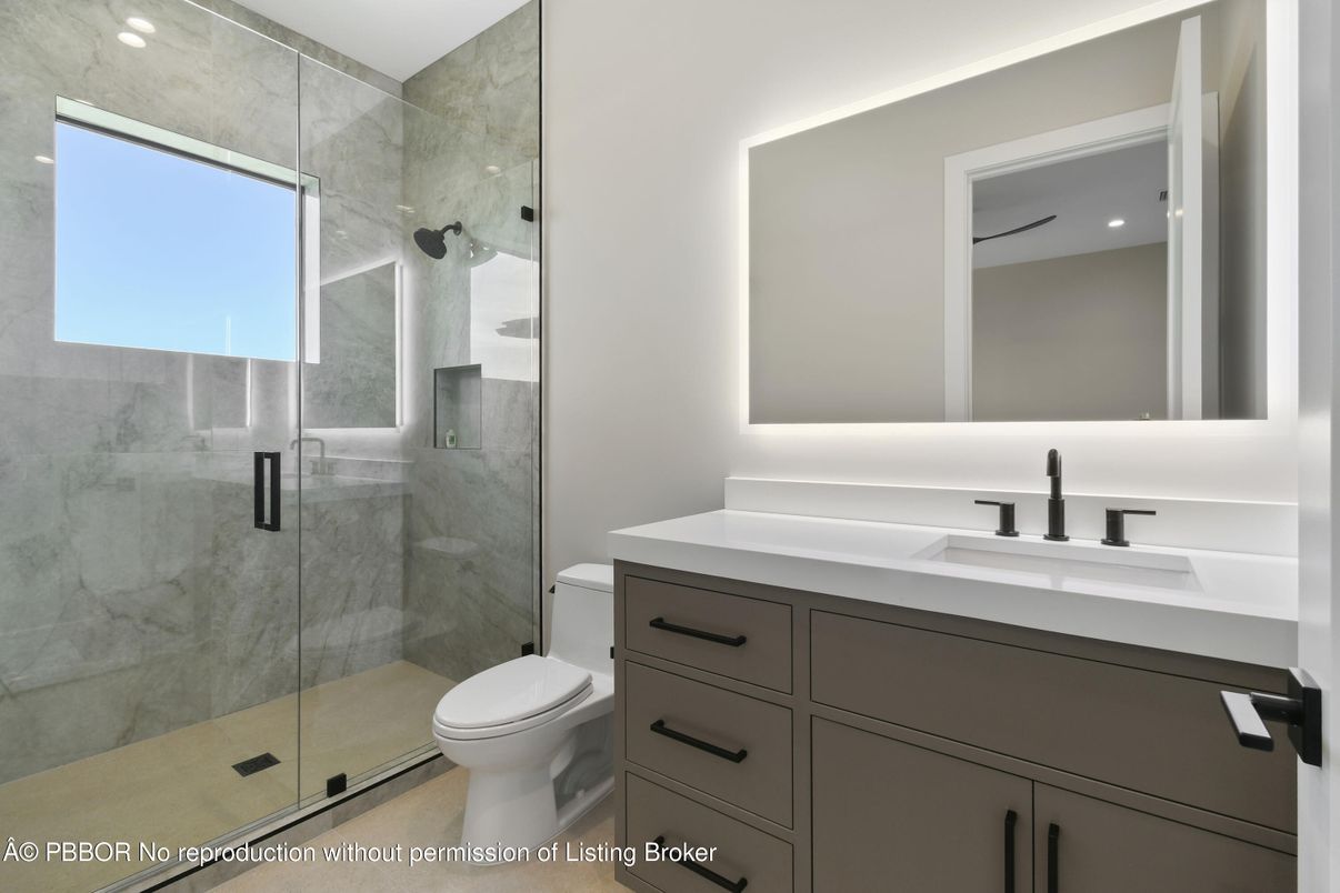 Bathroom, Glass Shower, Interior, Marble Walls, Recessed Lighting