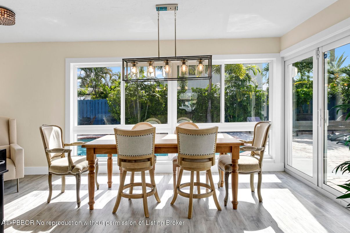 Dining room, Interior, Pendant Lights, Sun Room, Wood Texture Flooring