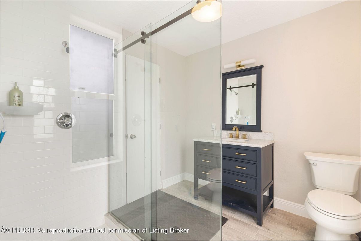 Bathroom, Glass Shower, Interior, Wood Texture Flooring