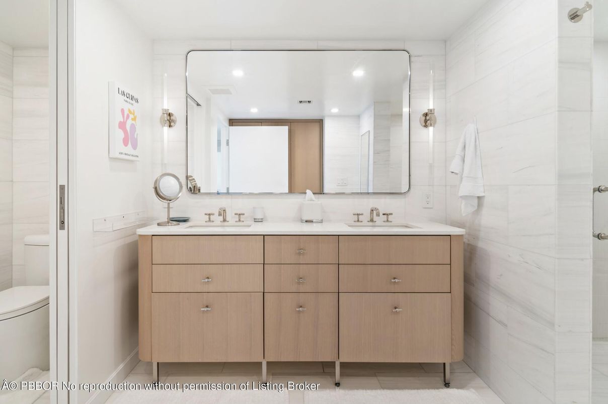 Bathroom, Dual Sink Vanities, Interior, Marble Walls, Recessed Lighting