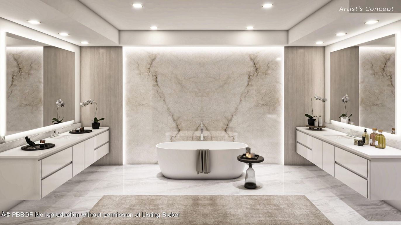 Bathroom, Dual Sink Vanities, Free Standing Baths, Interior, Marble, Marble Walls, Recessed Lighting