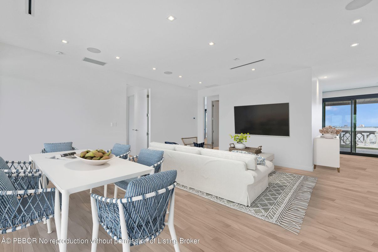 Dining room, Interior, Living room, Recessed Lighting, Water, Wood Texture Flooring