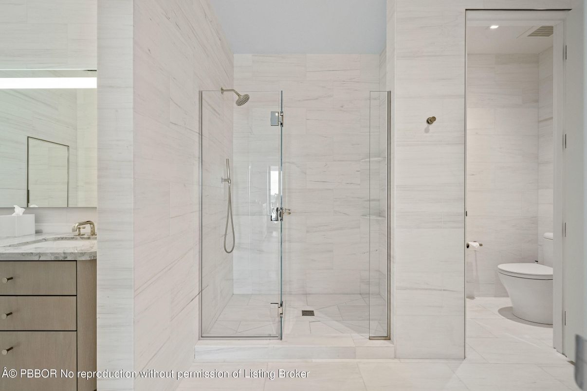 Bathroom, Glass Shower, Interior, Marble Walls, Recessed Lighting