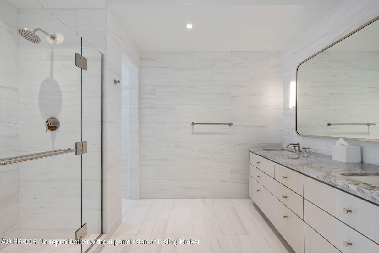 Bathroom, Dual Sink Vanities, Glass Shower, Interior, Marble, Recessed Lighting