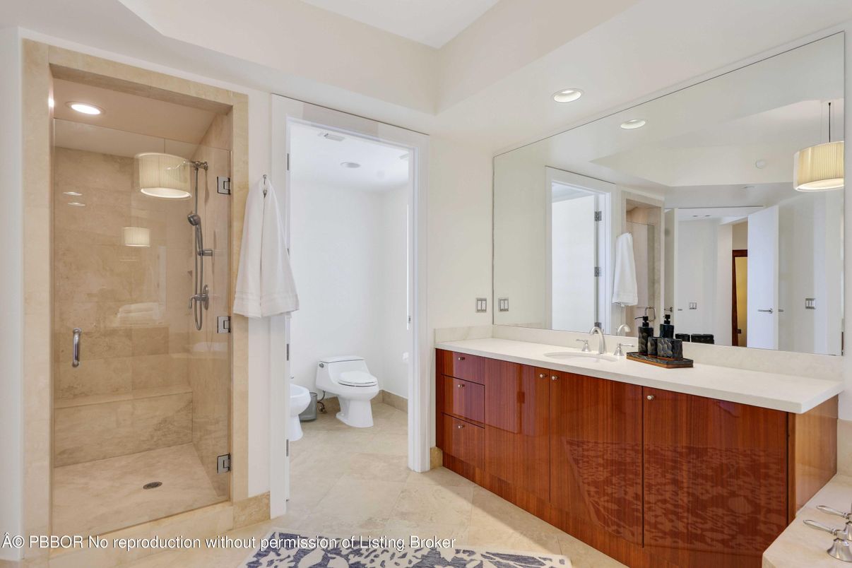 Bathroom, Dual Sink Vanities, Glass Shower, Interior, Pendant Lights, Recessed Lighting