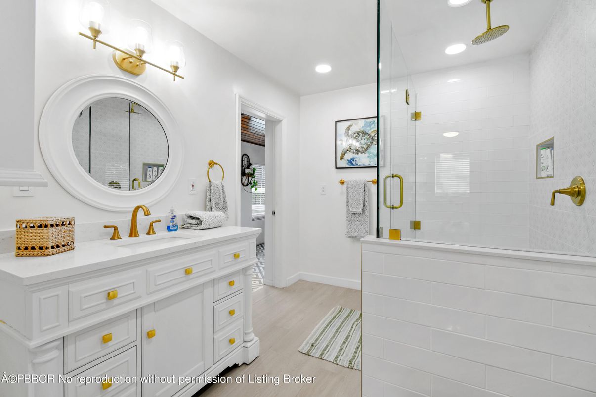 Bathroom, Glass Shower, Interior, Recessed Lighting, Wood Texture Flooring