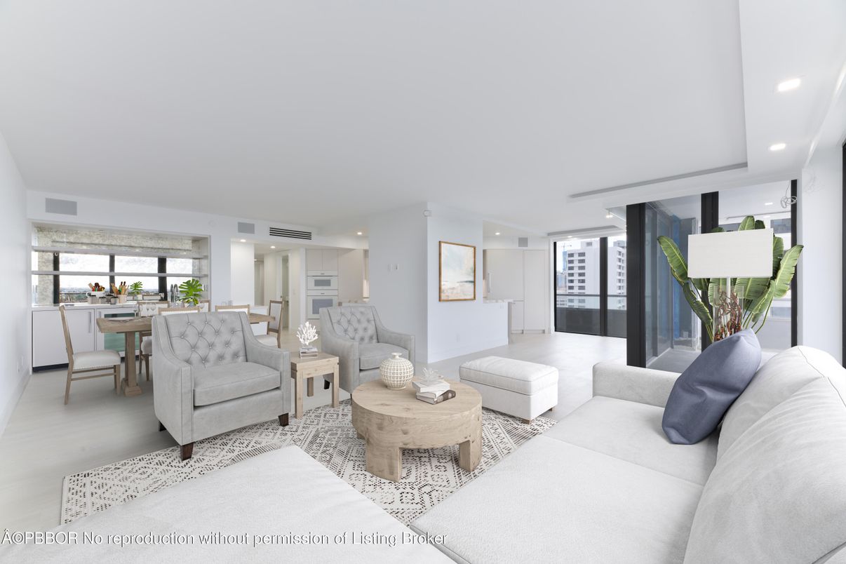 Dining room, Interior, Living room, Recessed Lighting, Wood Texture Flooring