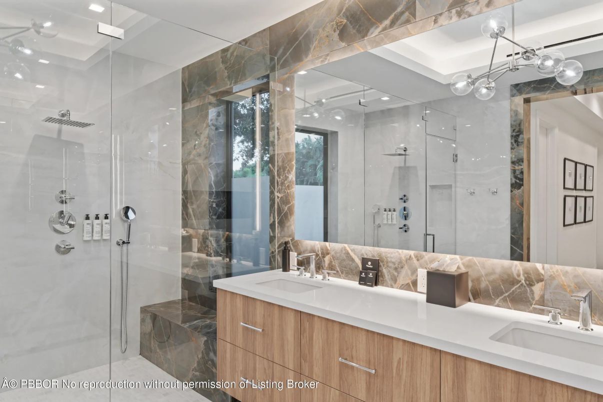 Bathroom, Dual Sink Vanities, Glass Shower, Interior, Pendant Lights, Recessed Lighting