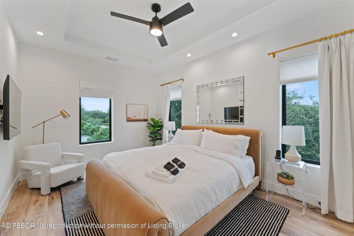 Bedroom, Interior, Recessed Lighting, Wood Texture Flooring