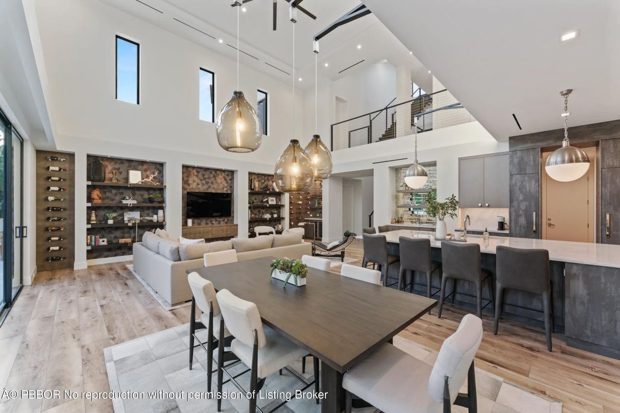 Dining room, Fireplace, Interior, Kitchen, Living room, Pendant Lights, Recessed Lighting, Wood Texture Flooring