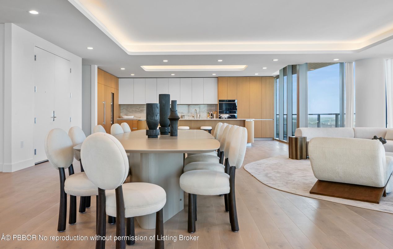 Dining room, Interior, Kitchen, Living room, Recessed Lighting, Stainless Steel Appliances, Wood Texture Flooring